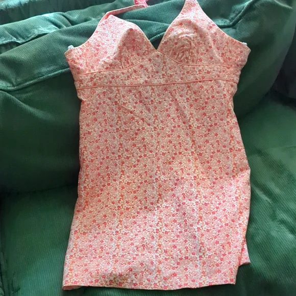 Pink & White Floral Reversible Halter Tie Mini Dress - Picture 4 of 5